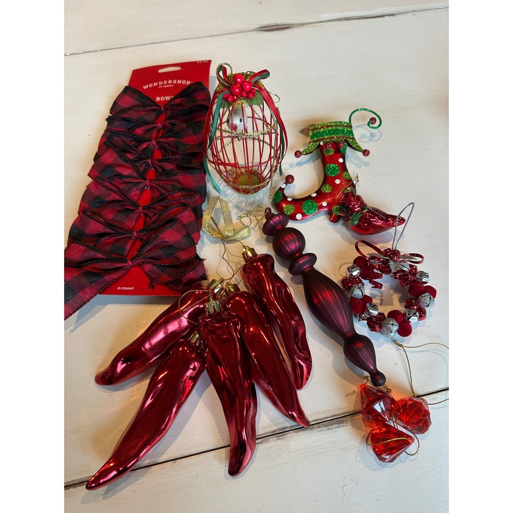 Red Christmas Ornament Lot Wondershop Plaid Bows Chili Peppers Bird Cage Finial